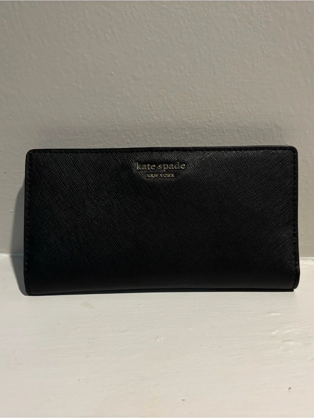 kate spade Black Saffiano Continental Zip Wallet with Gold Logo